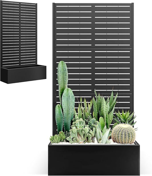 Metal Planter Box with Trellis for Climbing Plants Outdoor, Raised Garden Bed with Trellis, Privacy Screen for Patio (35" L×16" W×71" H, Black Blinds)