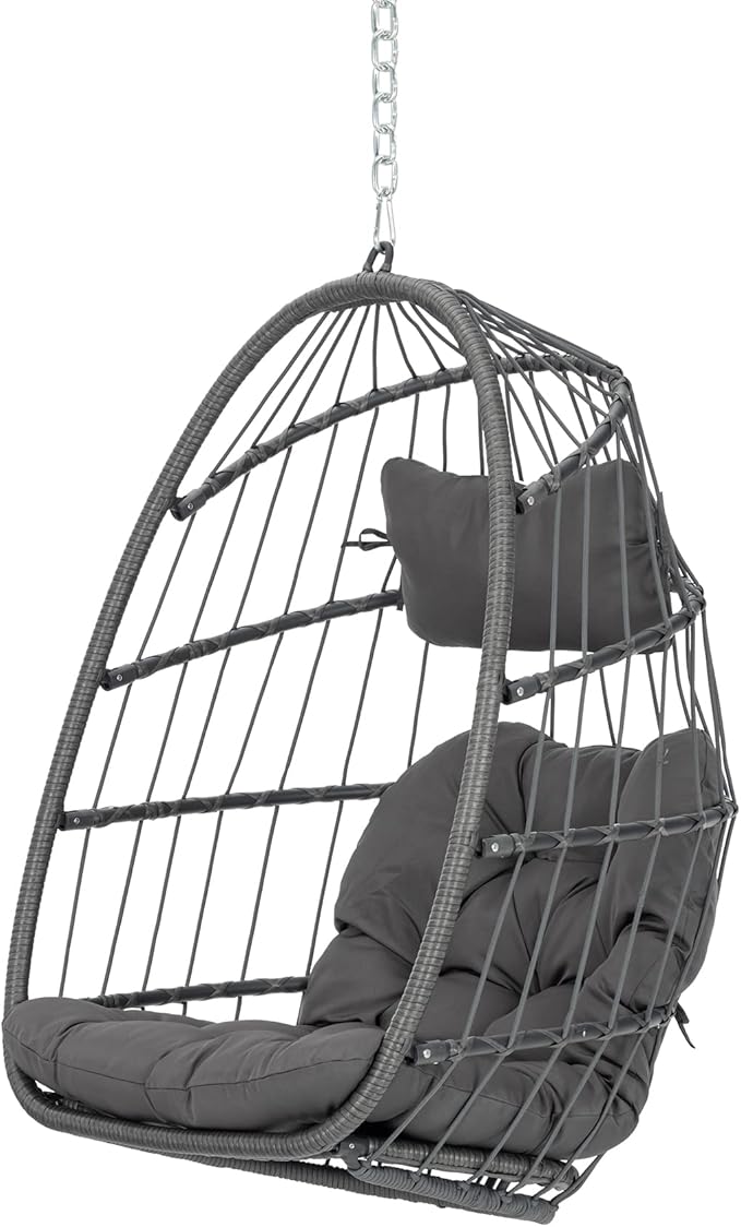 Yechen Hanging Egg Chair Outdoor Without Stand Indoor, Aluminum Foldable Swing Egg Chairs - Wicker Rattan Hammock Egg Porch Swing with UV Resistant Cushions for Bedroom Patio Balcony