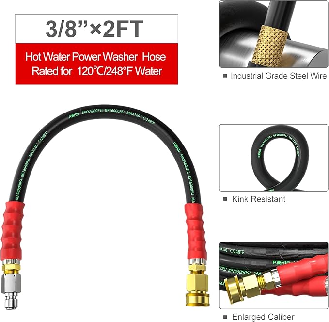 POHIR 3/8" Pressure Washer Whip Hose 2FT, Short Reel Connector for Power Washing, 248 Hot Water 4800 PSI, High Pressure Jumper With Removable Quick Connect