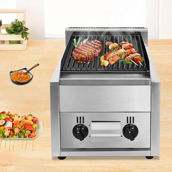2 Burner Gas Grill, Portable Countertop Gas Propane Charbroiler with Large Grill Pan & Adjustable Temperature Commercial Char Broiler Grill for Canteens Small Food Factories Western Restaurants Etc