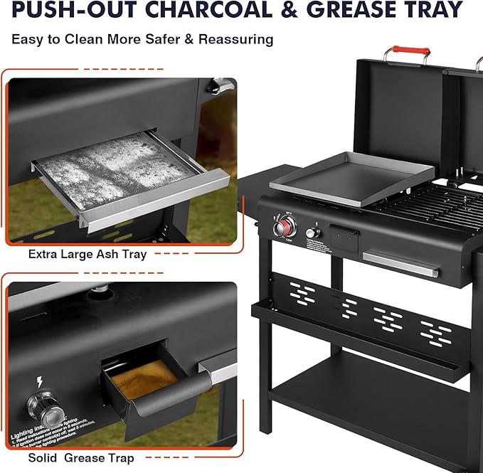 Propane and Charcoal Grill Combo, Gas Griddle Grill Combo Two Fuel BBQ Grills with Long Silicone Non-Slip Grill Gloves, Dual Fuel Lids and Side Shelves