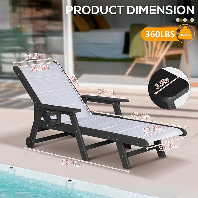 Outdoor Chaise Lounge Chair with Textilene Surface, 5-Position Adjustable Patio Lounge Chair with Wheels & Cup Holder, HDPE Pool Lounge Chair for Outside, Poolside & Beach (Black+White, 1)