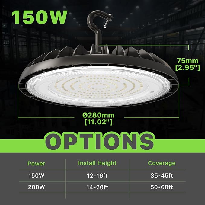 Glitgate LED High Bay Light 150W, 21000lm 5000K UFO Led High Bay Light(600W MH/HPS Equiv.), Commercial Bay Lighting with 5ft Cable US Plug for Garage Shop Barn Warehouse