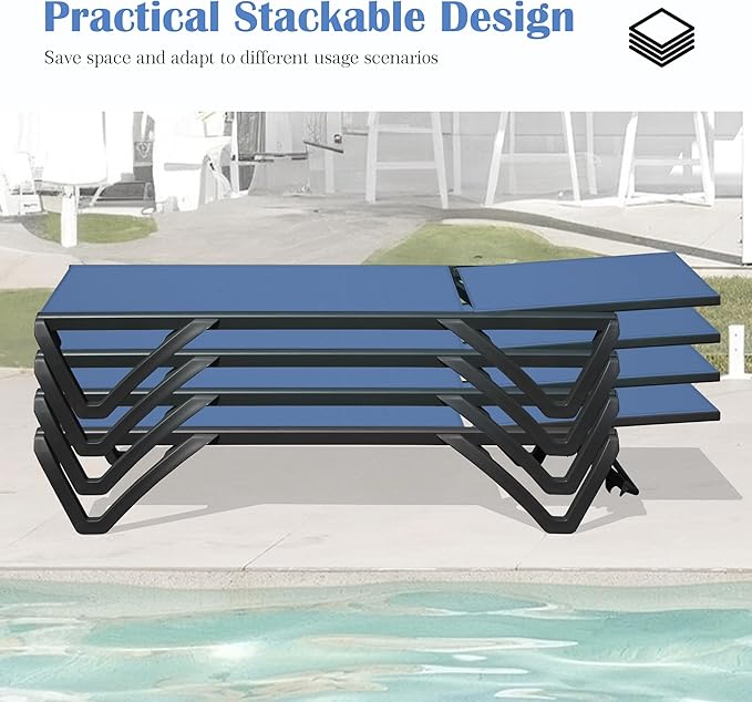 Domi Outdoor Lounge Chair, Aluminum Plastic Patio Chaise Lounge with Side Table & 5 Position Adjustable Backrest & Wheels, All Weather Pool Reclining Chair for Outside Beach Poolside Lawn, Navy Blue