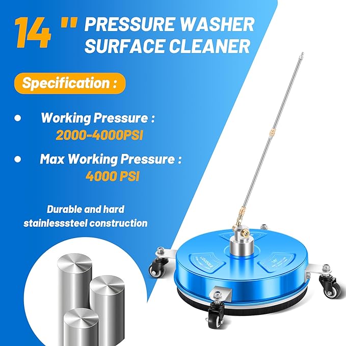 14" Pressure Washer Surface Cleaner with 4 Wheels - Coated Blue Stainless Steel Surface Cleaner for Pressure Washer Attachment for Concrete, Driveway, Patio, Sidewalk, Deck and Driveways - PWS14B