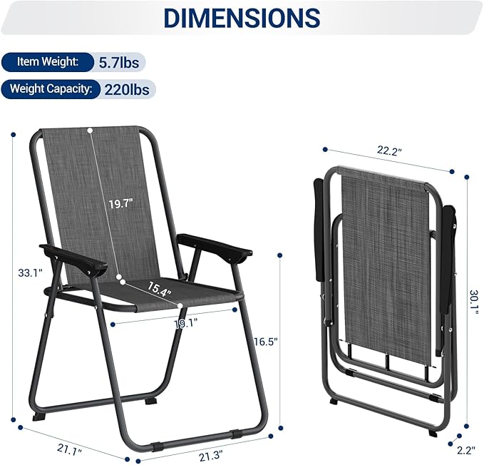 UDPATIO Patio Folding Chairs Set of 6, Lightweight Portable Patio Chair with Sturdy Steel Frame and Weather-Resistant Textilene Fabric, Black