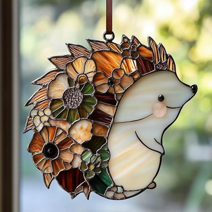 Hedgehog Lovers Christmas Ornament Woodland Animal Suncatcher Window Hanging Acrylic Stained Glass Effect Art Boho Garden Decor Unique Autumn Gift for Mom Thanksgiving