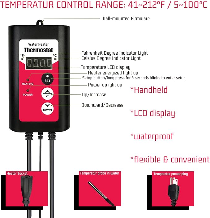 1800W Titanium Submersible Electric Immersion Water Heater with Temp Control & GFCI – Portable Heater for Hot Tubs, Above-Ground Pools, Inflatable Pools, Baptistry, Spa Tubs & Swimming Pools