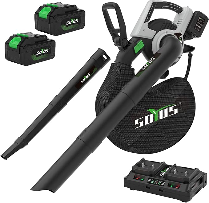 Cordless Leaf Blower & Vacuum SOYUS 3in1 Leaf Vacuum Mulcher 40V 360CFM 5 Speeds Brushless Battery Operated Leaf Blower for Lawn Care with 45L Bag 2 x 4.0Ah Battery and Charger Included