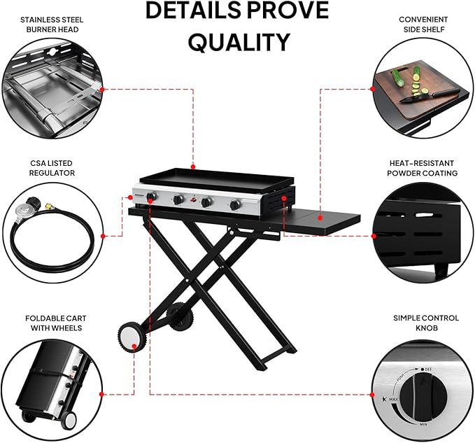 Bonnlo Foldable Flat Top Grill with 4 Burner, Powerful 40,000 BTU Propane Gas Grills with Ignition, Enamel Griddle, Side Shelf & Portable Cart with Wheels for Outdoor Camping Hibachi Grill Use