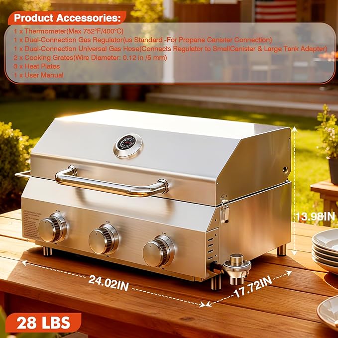 Llamaviva 3 Burner Gas BBQ Grill with Dual Fuel Adapter,22500 BTU Stainless Steel Tabletop Portable Grill for Outdoor Barbecue Camping Cooking RV