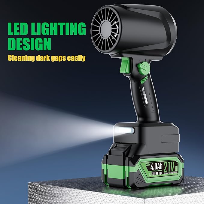 Turbo Dryer Blower for Car, Electric Cordless Leaf Blower with Led, Infinitely Variable Speed, 1300G Max Thrust, 21V 4.0Ah Battery Pack, Perfect for Car Drying, Yard Cleanup