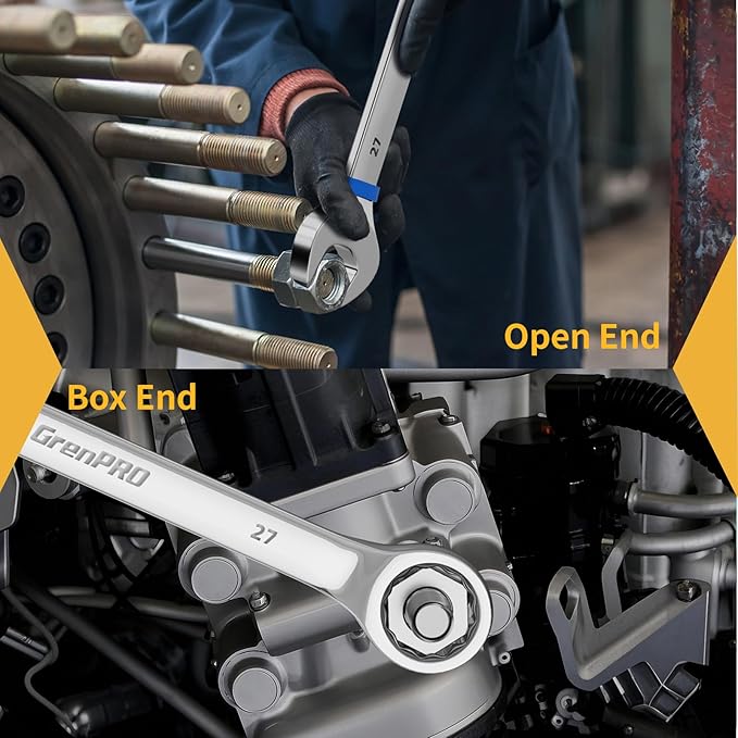 Metric Wrench Set, Large Wrench Set Metric and Standard, 7PC 23mm, 24mm, 26mm, 27mm, 30mm, 32mm Long Open End Wrench Tool Roll Up Pouch with Gauge, Combination Wrenches Sets with Color Ring