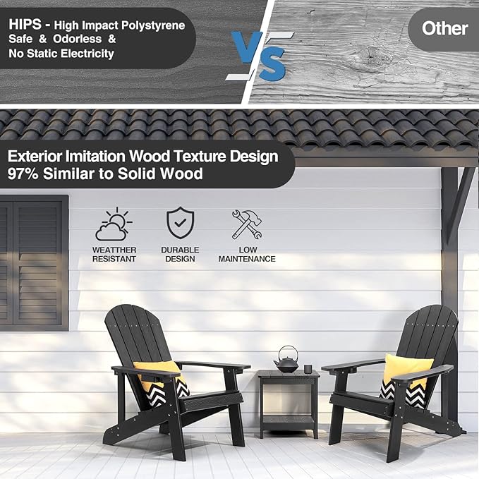 Adirondack Chair, All Weather Resistant Plastic Chairs with Cup Holder, 5 Easy Steps to Install, Outdoor Chairs for Patio, Garden, Backyard Deck, Lawn, Fire Pit - Black