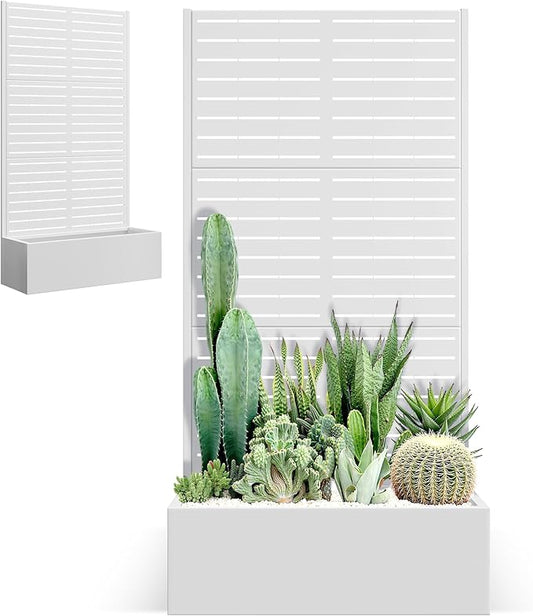 Metal Planter Box with Trellis for Climbing Plants Outdoor, Raised Garden Bed with Trellis, Privacy Planters for Patio (35" L×16" W×71" H, White Blinds)