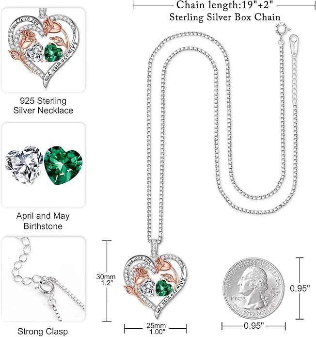 Iefil Christmas Gifts for Women Wife - 925 Sterling Silver Rose Heart Birthstone Necklace Birthday Anniversary Jewelry Gifts for Her Wife Mom Daughter