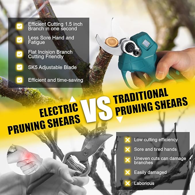Battery Pruning Shears, Cordless Electric Pruning Shears with LCD Display, SK5 High Carbon Steel Blades and Safe Start Setting, Cordless Electric Pruning Shears for Tree Pruning
