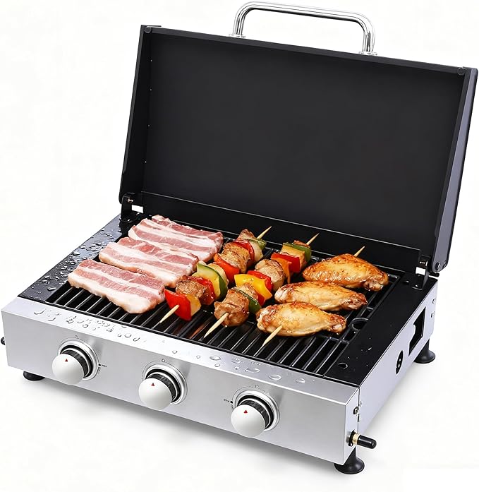 3-Burner Tabletop Gas BBQ Grill with Stainless Steel Plancha, 28680 BTU Output Portable Mini Gas Grill w/Cast Iron Grating Mesh, Compact Design Mini Grill for Camping, RV, Backyard BBQ