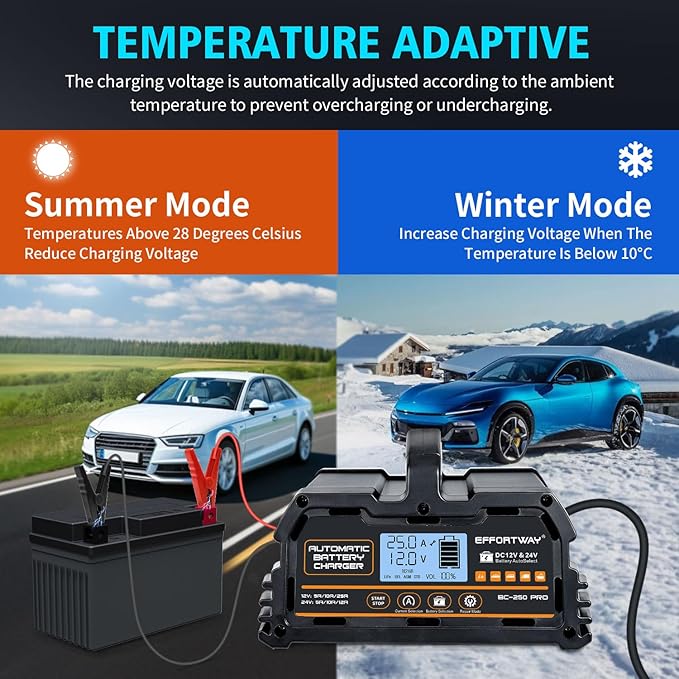 25A Battery Charger, 12V/24V Lead Acid, 12V LiFePO4. Smart Battery Charger with Trickle Charge. Car Battery Maintainer with LCD Display. Suitable for Trucks, Motorcycles