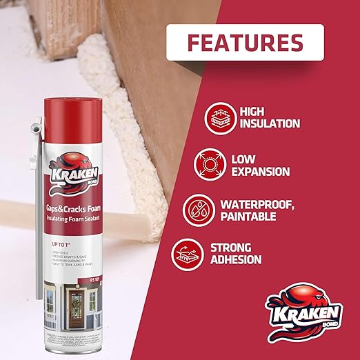 Kraken Bond Gaps & Cracks Expanding Foam Sealant - (1x24oz) High Expansion Polyurethane Spray Foam for Window & Door, Straw Use Waterproof High Yield Gap Filler - 1 Pack