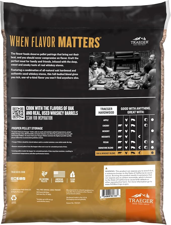 Traeger Grills Oak & Whiskey Blend 100% All-Natural Wood Pellets for Smokers and Pellet Grills, BBQ, Bake, Roast, and Grill, 18 lb. Bag (Pack of 3)