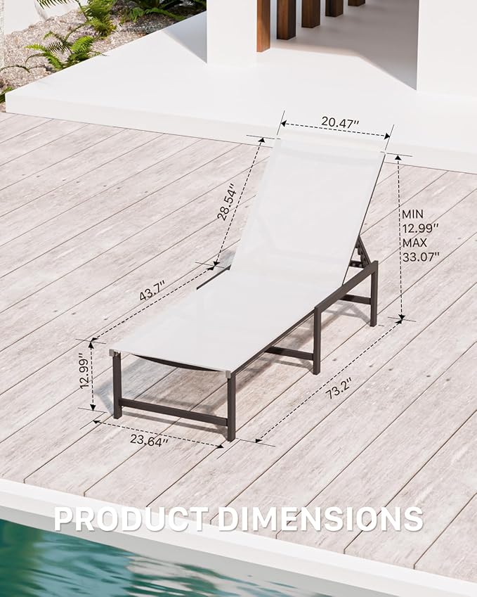 Chaise Lounge Chair Outdoor,Aluminum Patio Lounge Chairs Set of 2,Pool Lounge Chairs with 5 Adjustable Backrest and Headrest Pillows for Outside Beach，White