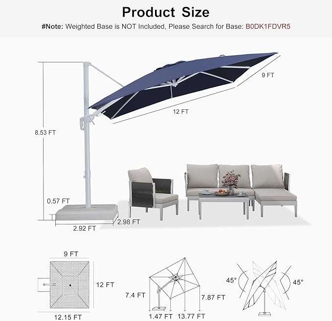 PURPLE LEAF 9' X 12' Right-left Tilt Patio Umbrella Swivel White Cantilever Umbrella with Tilt Aluminum Outdoor Umbrella with 360° Rotation for Deck Pool Garden, Navy Blue