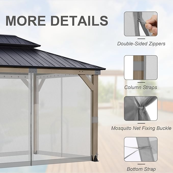 BPS 12' x 14' Gazebo Universal Mosquito Netting Screen Replacement, 4-Panel Screen Walls with Double Zippers for Outdoor Patio, Gray (Mosquito Net Only)