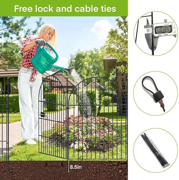 ADAVIN Garden Fence Animal Barrier with Gate 36 in(H)×30.6 Ft(L) 14 Panels,Rustproof Metal Wire Tall Fencing Border for Dogs Rabbits,Outdoor no dig pet Fences, Arched Black Flower Edging for Yard