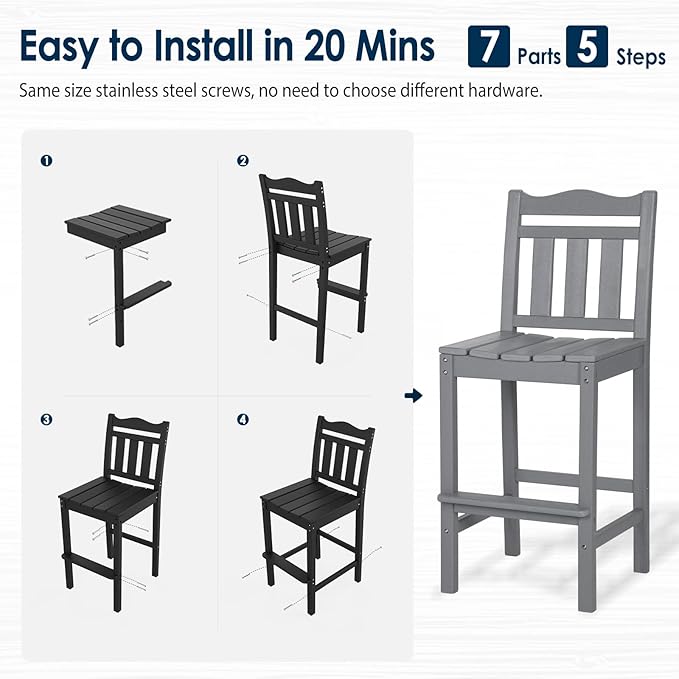 nalone Outdoor Bar Chairs and Table Set, HDPE Balcony Adirondack Chairs and Table 3 Pieces Set, Outdoor Bar Stools Set for Garden, Yard, Backyard(Grey, Bar Chairs with Table)