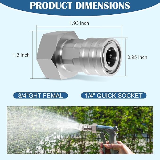 2 Pcs Garden Hose Quick Connect with Pressure Washer Nozzle Tips – Converts 3/4" GHT to 1/4" Quick Connect, Leak-Proof & Durable for Easy Watering Flowers and Plants or Outdoor Cleaning