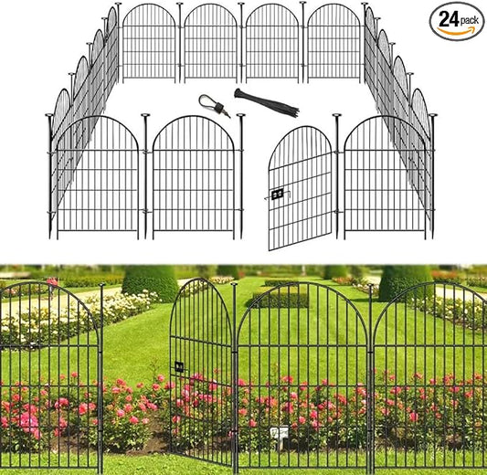 Garden Fencing Animal Barrier 24 Panels, 32 in(H) x 54 Ft(L) No Dig Fences for Dogs, Black Rustproof Metal Wire Garden Fence with Gate, Temporary Dog Fence for Patio Outdoor Yard