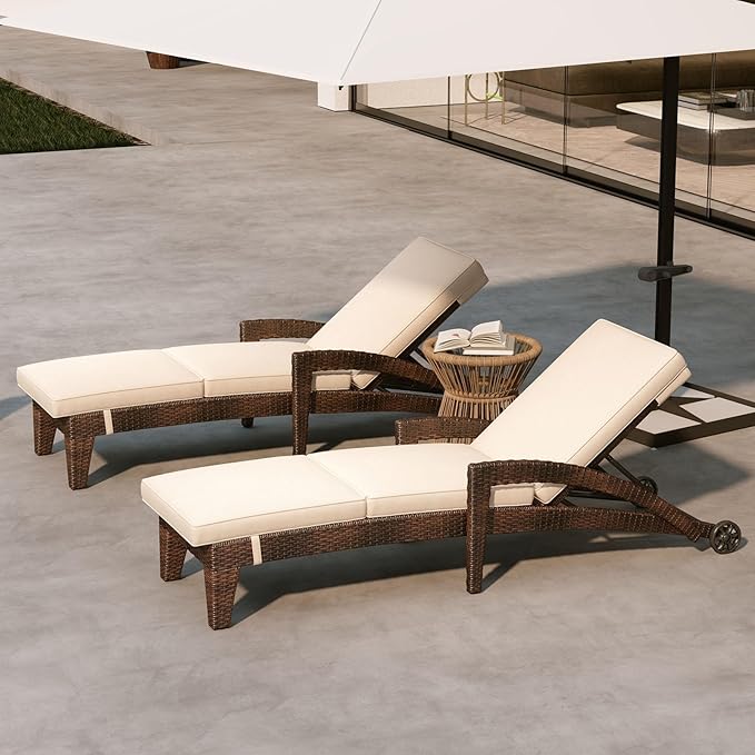 Patio Chaise Lounge Set of 2, Wicker Lounge Chairs Outdoor with Wheels, Heavy Duty Lounger Chair Outdoor, Wicker Chaise Lounges with Armrests All Weather, Khaki