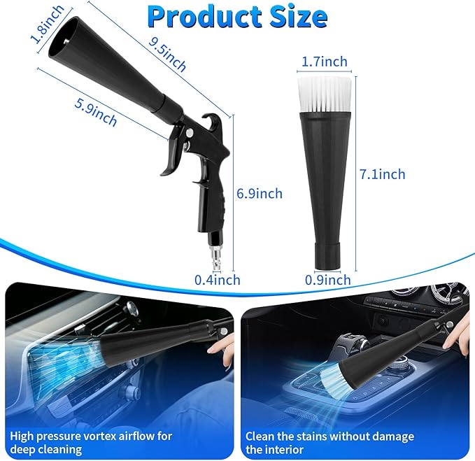 Car Cleaning Gun, High Pressure Air Blow Gun with 2 Nozzles, Air Cleaning Gun Detailing Kit, Interior Metal Dry Cleaning Gun Works with Air Compressor