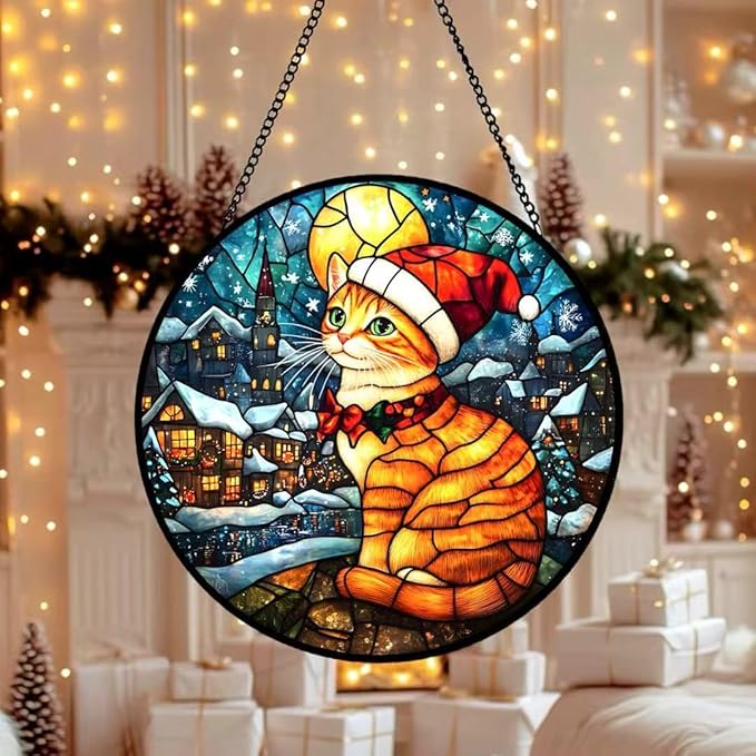 Stained Glass Window Hanging - Bright Moon and Ginger Cat Snowy Night Suncatcher fof Garden Home Decor for Women Mon Grandma Friends