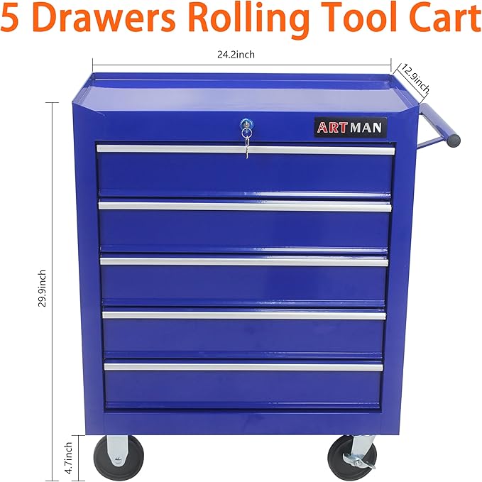5 Large Drawers Rolling Tool Cart on Wheels, Trolley Organizer Tool Case Tool Chest, Multifunctional Tool Storage Tool Box for Workshop, Garage, Warehouse, Repair Shop (5 Drawers-29.3" H-Blue)