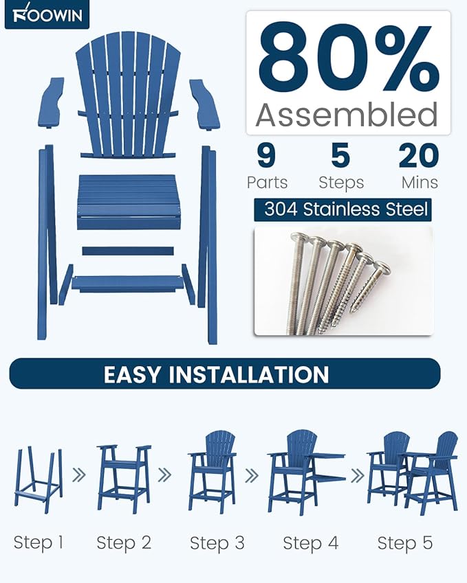 FOOWIN Tall Adirondack Chair Set of 8, All Weather HDPE Bar Height Adirondack Chair with Double Connecting Trays, Adirondack Barstools for Balcony, Deck, Backyard, Patio, Garden Navy Blue