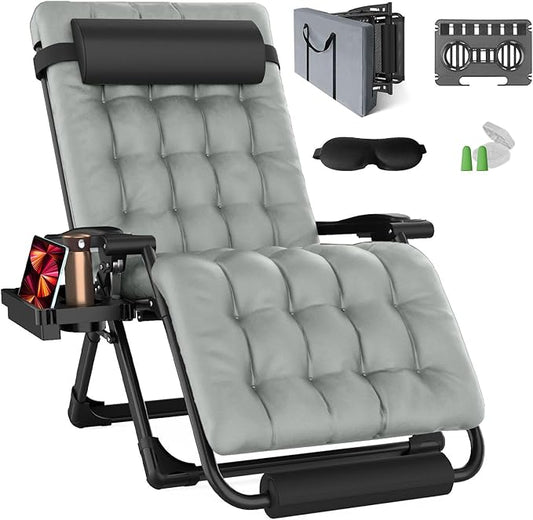 XXL Zero Gravity Lounge Chair 33", Oversized Padded Folding Recliner for Patio with Storage Bag, Removable Cushion, Footrest, Full Aluminum Lock & Large Cup Holder, Supports 500 lbs, Gray