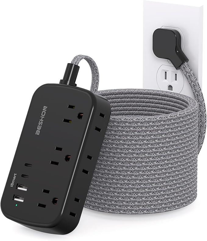 Extension Cord 25 Ft, BESHON Flat Plug Power Strip with 6 Outlets with 4 USB Ports(2 USB C), No Surge Protector for Home Office College Dorm Room Travel Essentials, Black
