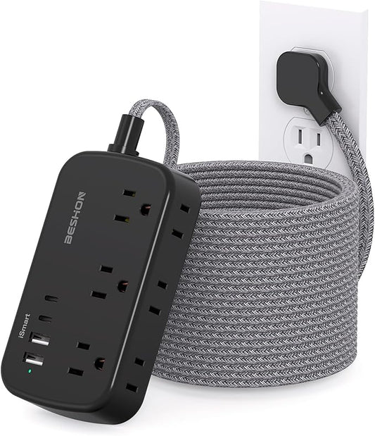 Extension Cord 25 Ft, BESHON Flat Plug Power Strip with 6 Outlets with 4 USB Ports(2 USB C), No Surge Protector for Home Office College Dorm Room Travel Essentials, Black