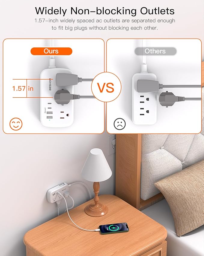 Flat Plug Extension Cord, Power Strip 25FT, 6 Outlets with 4 USB Ports(2 USB C), Wall Mount Charging Station, No Surge Protector for Home Office College Dorm Room Travel Essentials