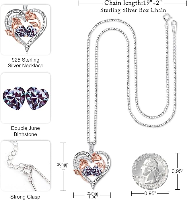 Iefil Christmas Gifts for Women Wife - 925 Sterling Silver Rose Heart Birthstone Necklace Birthday Anniversary Jewelry Gifts for Her Wife Mom Daughter