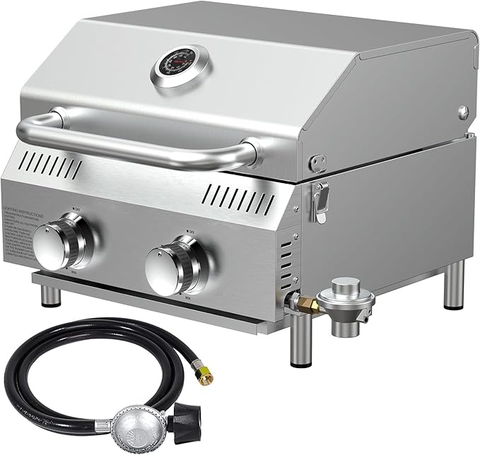 Llamaviva 2 Burners Tabletop Gas Grill Dual Fuel Adapter, 20,000 BTUs Portable Stainless Steel Propane Grill with Legs for Tailgating, Outdoor Patio Backyard Camping, and RV Trips