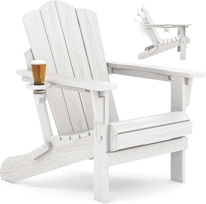 KINGYES Folding Adjustable Adirondack Chair, All Weather Resistant Reclining Adirondack Chair with Cup Holder, HDPE Folding Adirondack Chairs, White