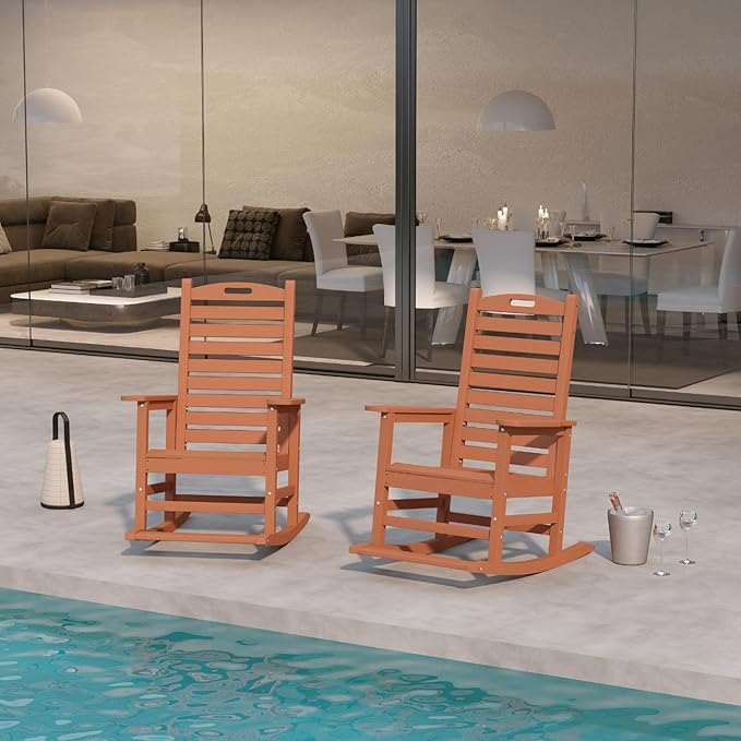 Outdoor Rocking Chairs Set of 2 with Footrest, HDPE Modern Rocking Lawn Chair for Garden, Poolside, Deck (Brown)