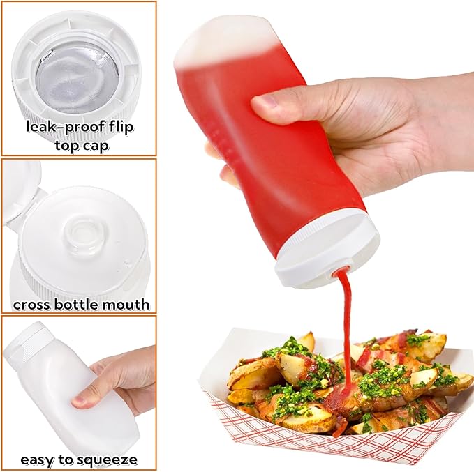 Goaste 12 Pack Condiment Squeeze Bottles, 12 oz Plastic Squirt Bottles with Flip Top Cap, Reusable Empty Sauce Containers with Labels & Silicone Funnels for Ketchup, Mustard, Syrup, Salad Dressings