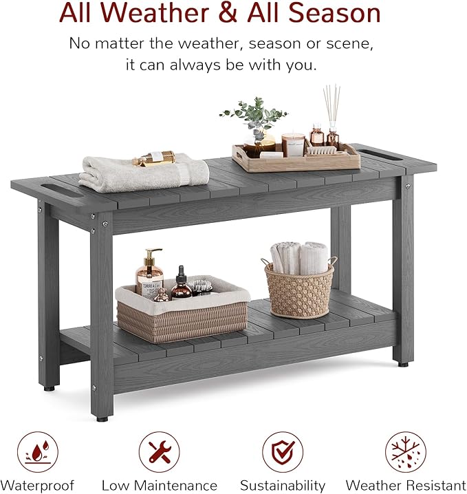 Stoog 35.5" Large Shower Bench, Waterproof Shower Stool with Storage Shelf and Handles, Adjustable and Non-Slip Feet, Shower Chair for Inside Shower, Grey