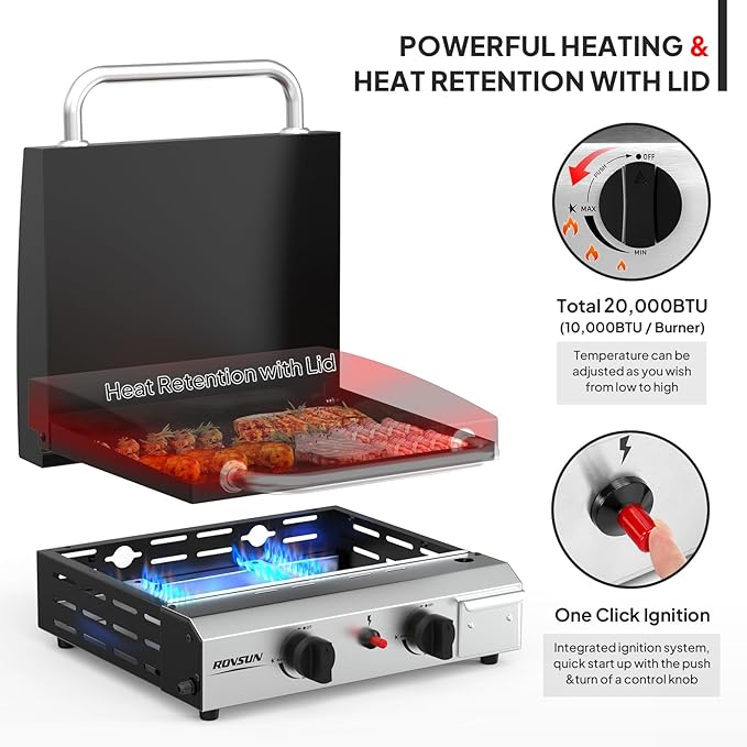ROVSUN 2 Burner Portable Propane Griddle with Electronic Ignition, 20000 BTU Rolling Flat Top Gas Grill with Enameled Tray & Lid, Side Shelves & Regulator for Outdoor Cooking Camping BBQ Tailgating