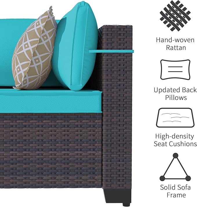 Outdoor Patio Furniture Set with Gas Fire Pit Table, 15 Pieces Outdoor Furniture Set Patio Sectional Sofa w/43in Propane Fire Pit, PE Wicker Rattan Patio Conversation Sets (Teal)