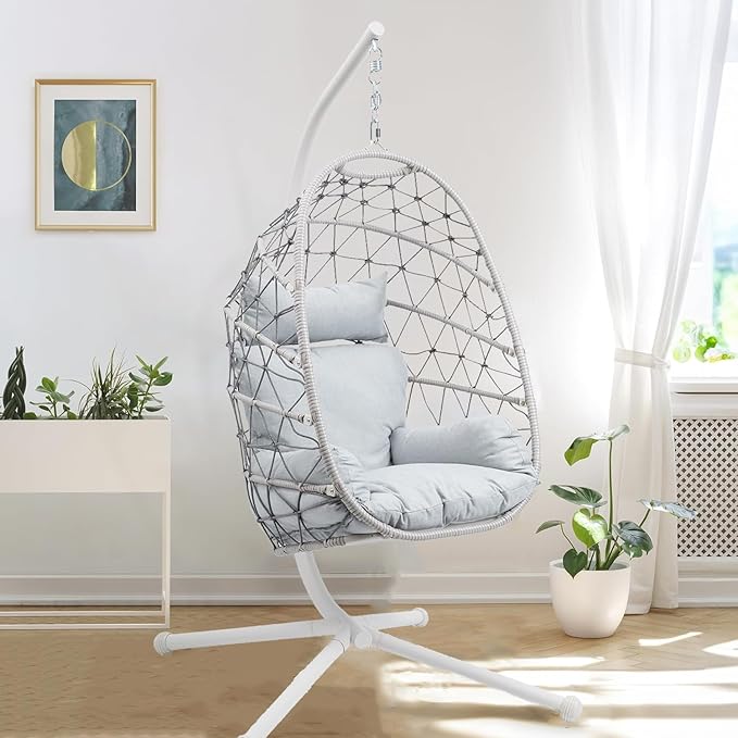 Hanging Egg Chair, Swing Chair with Stand, Hammock Chair IndoorPatio Boho Wicker 350lbs Capacity, Swing Chair for Bedroom Garden, Balcony, Beige &Gray